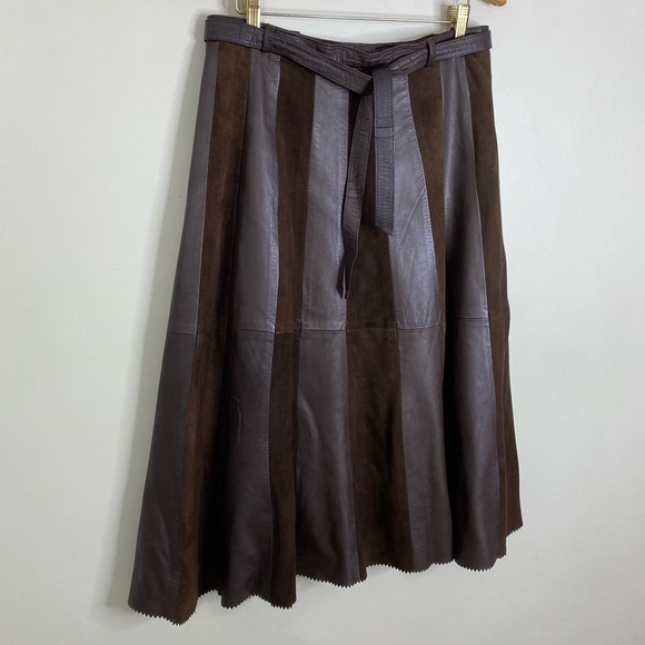 VINTAGE LEATHER SUEDE STRIPED ALINE SKIRT WITH MATCHING LEATHER TIE, ZIGZAG HEM - Picture 5 of 14